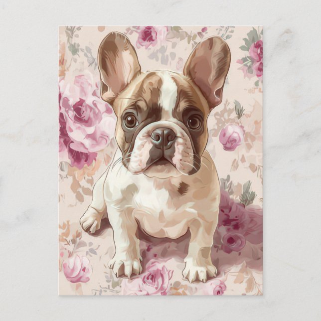 Fransk Bulldog Vattenfärg Blommig  Vykort (Framsida)