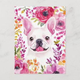 Fransk Bulldog Vattenfärg Blommig Vykort