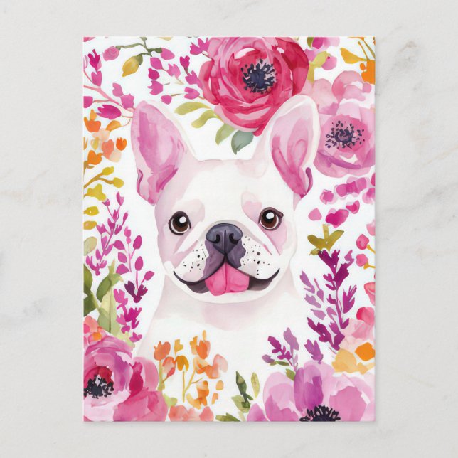 Fransk Bulldog Vattenfärg Blommig  Vykort (Framsida)