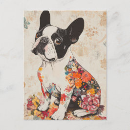 Fransk Bulldog Vattenfärg Blommig Vykort