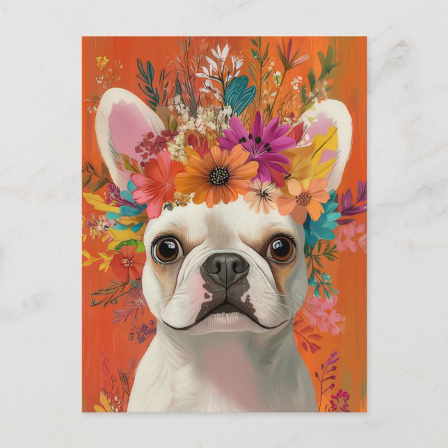 Fransk Bulldog Vattenfärg Blommig  Vykort (Framsida)