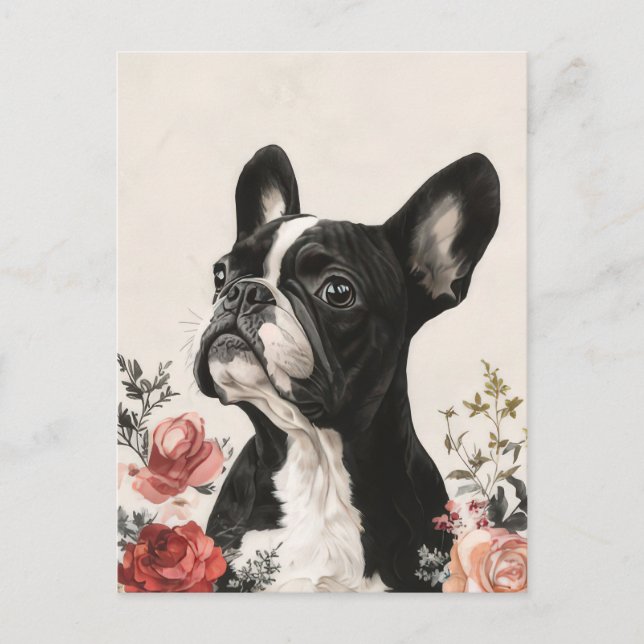 Fransk Bulldog Vattenfärg Blommor  Vykort (Framsida)
