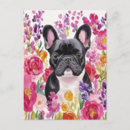 Fransk Bulldog Vattenfärg Blommor Vykort