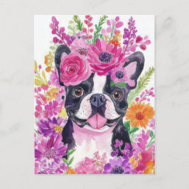 Fransk Bulldog Vattenfärg Blommor Vykort