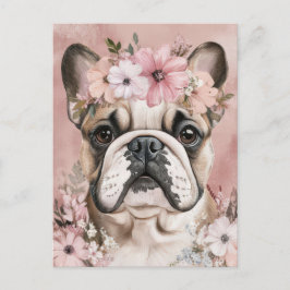 Fransk Bulldog Vattenfärg Blommor Vykort