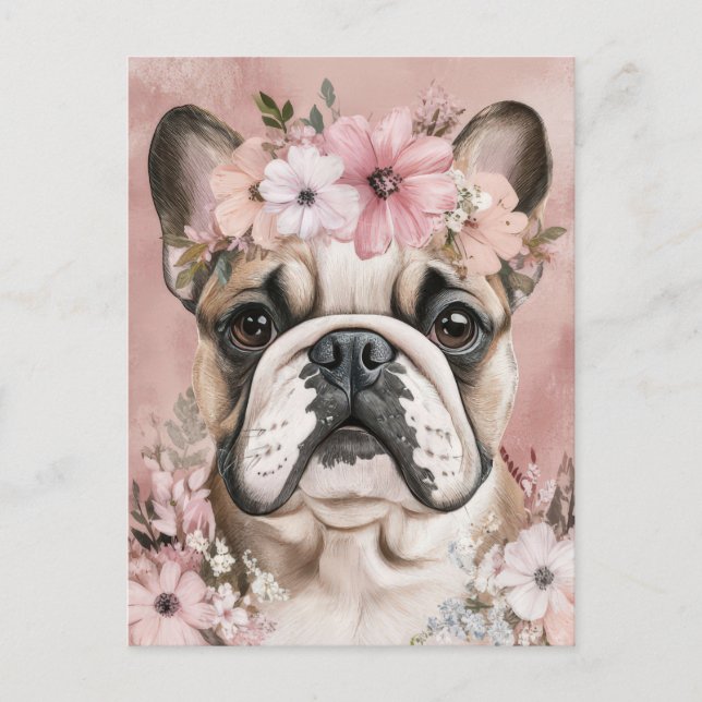 Fransk Bulldog Vattenfärg Blommor  Vykort (Framsida)