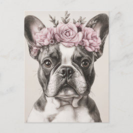 Fransk Bulldog Vattenfärg Blommor Vykort