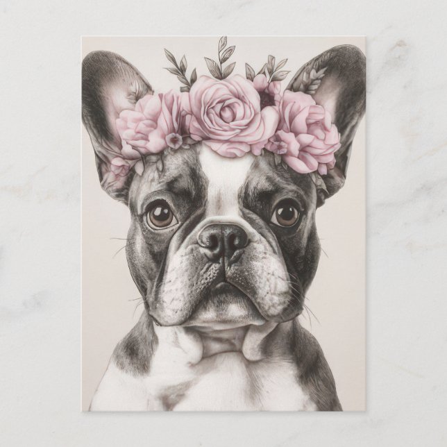Fransk Bulldog Vattenfärg Blommor  Vykort (Framsida)