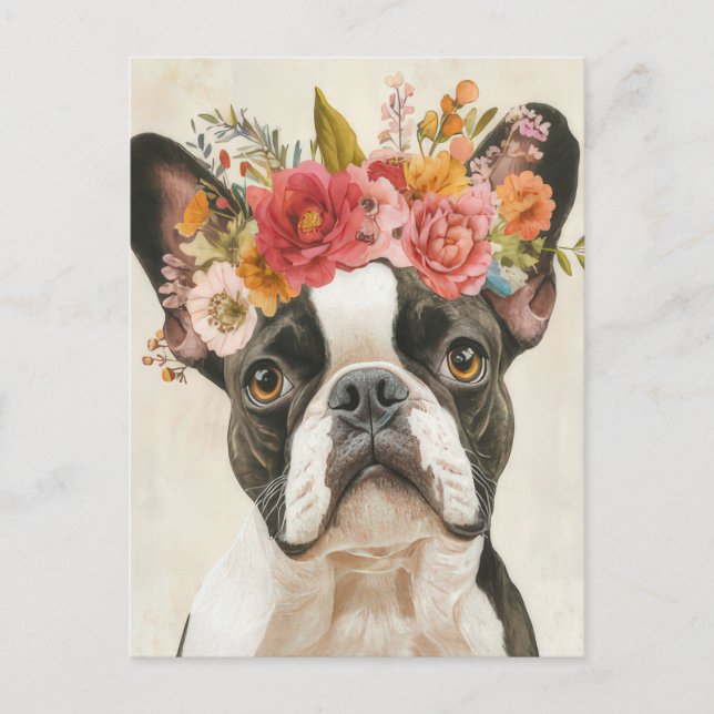 Fransk Bulldog Vattenfärg Blommor  Vykort (Framsida)