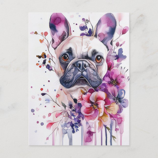 Fransk Bulldog Vattenfärg Blommor  Vykort (Framsida)
