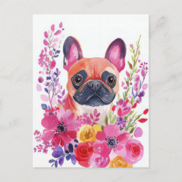 Fransk Bulldog Vattenfärg Blommor Vykort