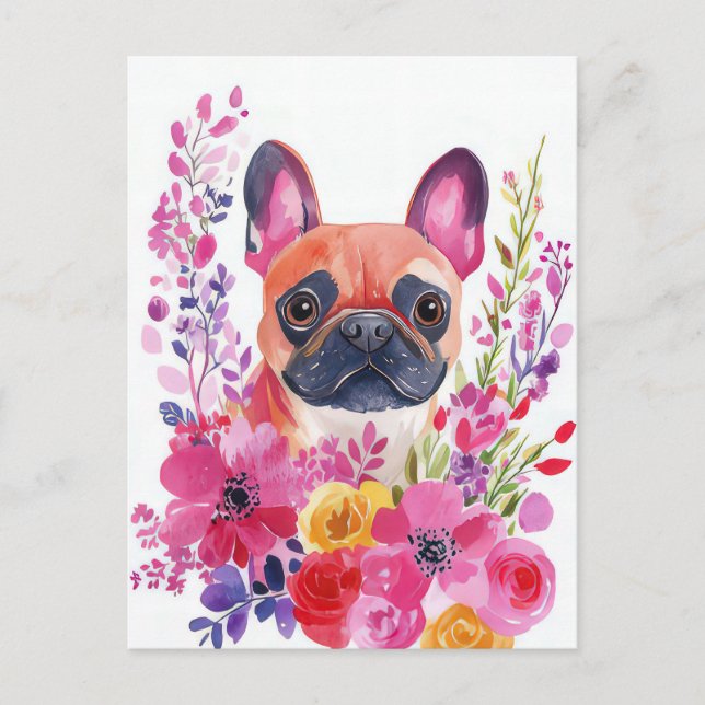 Fransk Bulldog Vattenfärg Blommor  Vykort (Framsida)