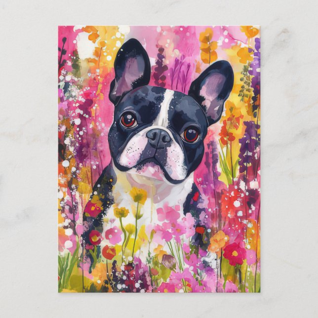 Fransk Bulldog Vattenfärg Blommor  Vykort (Framsida)