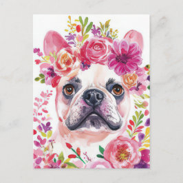 Fransk Bulldog Vattenfärg Blommor Vykort