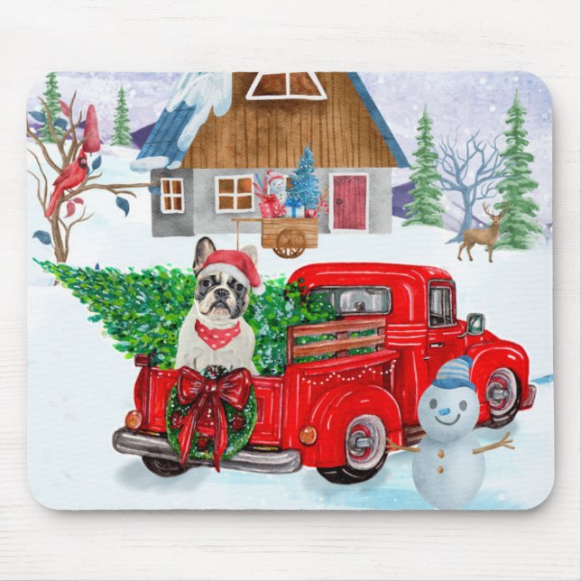 Fransk Bulldog vid julleveransen Lastbil Snö Musmatta (Framsidan)