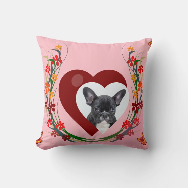 Fransk Bulldog w Heart Flowers Butterflies Pillow Kudde (Framsida)