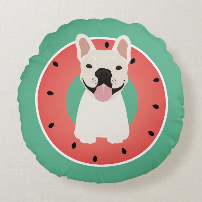 Fransk Bulldog Watermelon Fruit Rund Kudde (Framsidan)