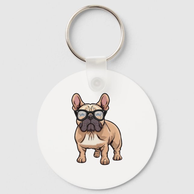 Fransk Bulldog Wearing Glass Nyckelring (Framsida)