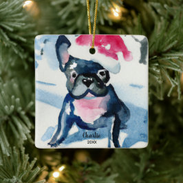 Fransk Bulldog Wearing Santa Hat, eget namn år Julgransprydnad Keramik