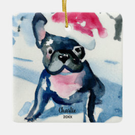 Fransk Bulldog Wearing Santa Hat, eget namn år Julgransprydnad Keramik
