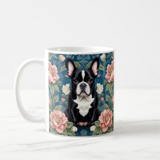 Fransk Bulldog William Morris Inspired Blommigt Kaffemugg (Vänster)
