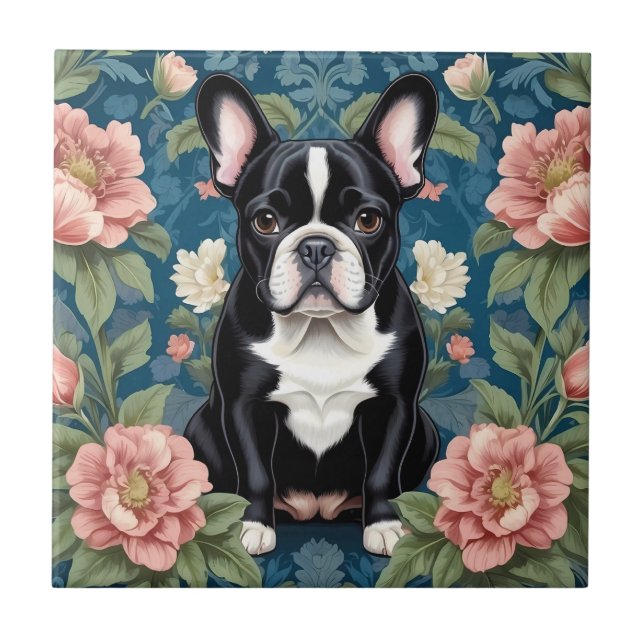 Fransk Bulldog William Morris Inspired Blommigt Kakelplatta (Framsidan)