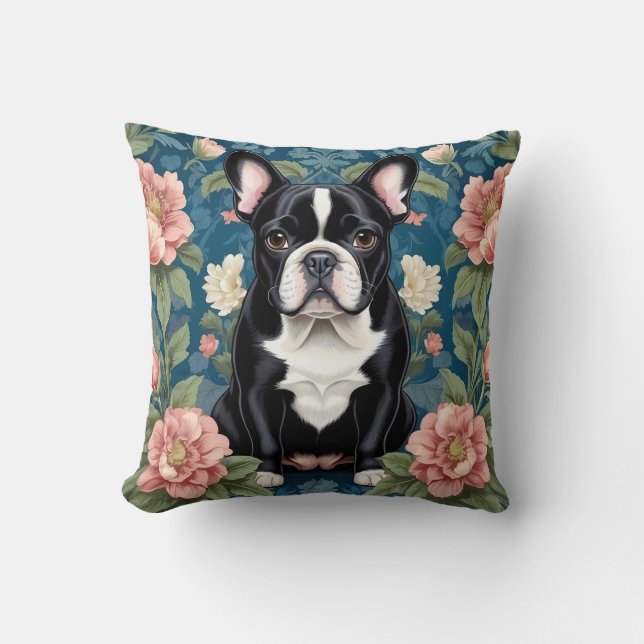 Fransk Bulldog William Morris Inspired Blommigt Kudde (Framsida)