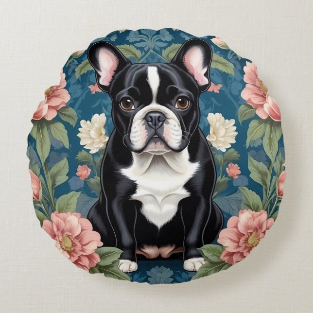Fransk Bulldog William Morris Inspired Blommigt Rund Kudde (Framsidan)