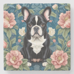 Fransk Bulldog William Morris Inspired Blommigt Stenunderlägg