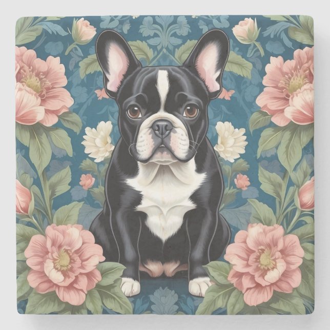 Fransk Bulldog William Morris Inspired Blommigt Stenunderlägg (Framsidan)