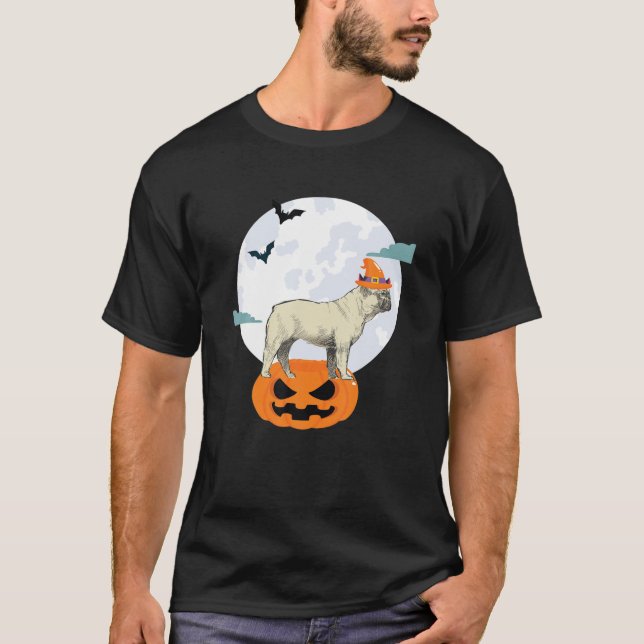 Fransk Bulldog Witch Måne Halloween Pumpkin Fransk T Shirt (Framsida)