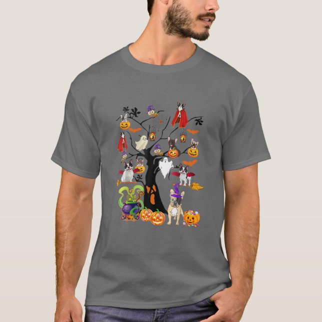 Fransk Bulldog Witches Halloween Träd Fantastisk T Shirt (Framsida)