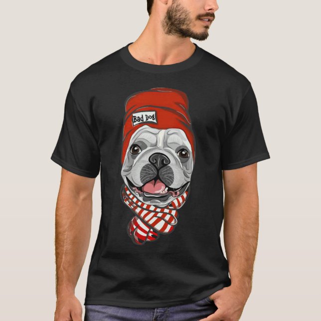 Fransk Bulldog with Red Hat Scarf Färg Bulldog Ac T Shirt (Framsida)