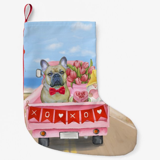 Fransk Bulldogg Alla Hjärtans Dag Lastbil Liten Julstrumpa (Framsidan)