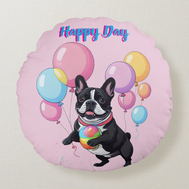 Fransk Bulldogg Glad Dag Fransk Bulldog  Rund Kudde (Framsidan)