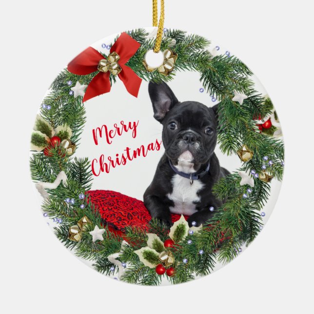 Fransk Bulldogg God Jul Keramisk Ornament (Framsidan)