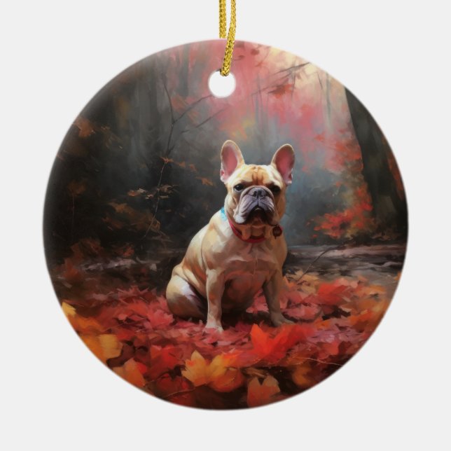 Fransk Bulldogg i höstlöv Fall Inspire  Julgransprydnad Keramik (Framsidan)