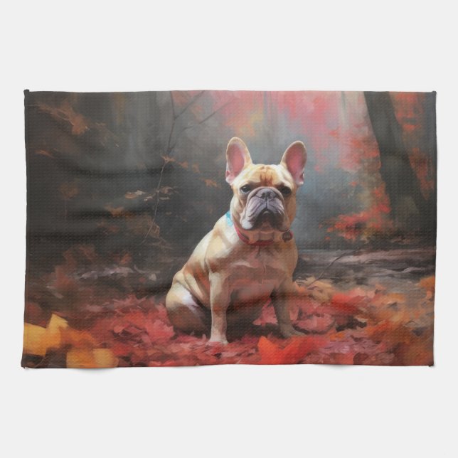 Fransk Bulldogg i höstlöv Fall Inspire Kökshandduk (Horisontell)