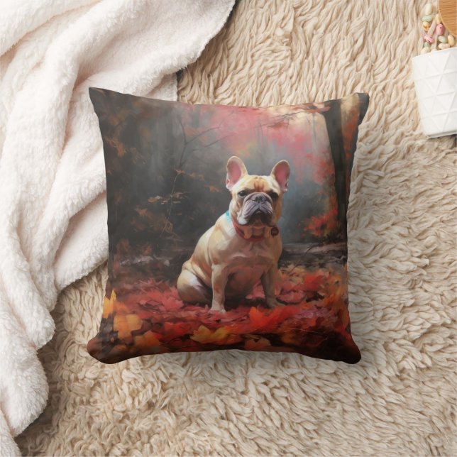 Fransk Bulldogg i höstlöv Fall Inspire Kudde (Filt)