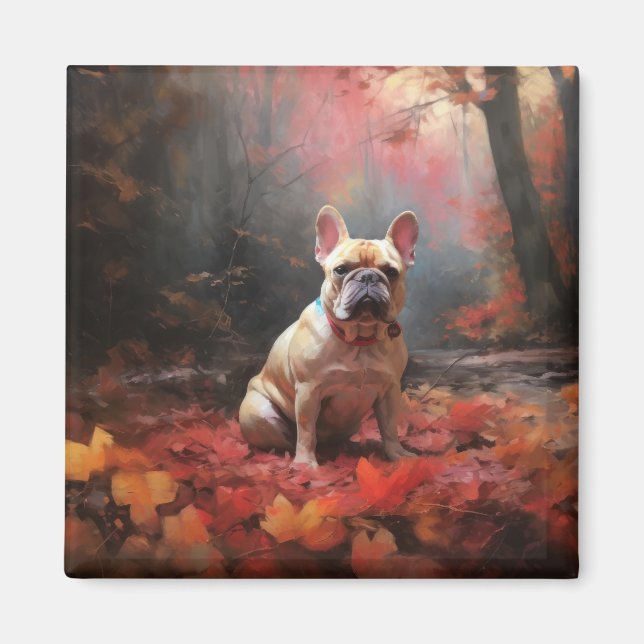 Fransk Bulldogg i höstlöv Fall Inspire Magnet (Framsidan)
