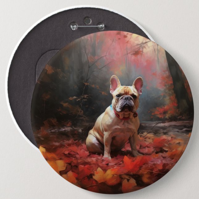 Fransk Bulldogg i höstlöv faller inspirerar Knapp (Framsida & baksida)