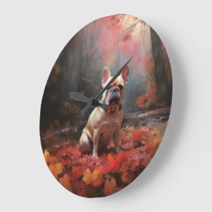 Fransk Bulldogg i höstlöv faller inspirerar Stor Klocka