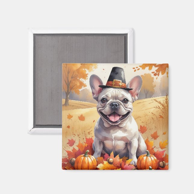 Fransk Bulldogg i höstlöv Thanksgiving-konst Magnet (Front/Back)