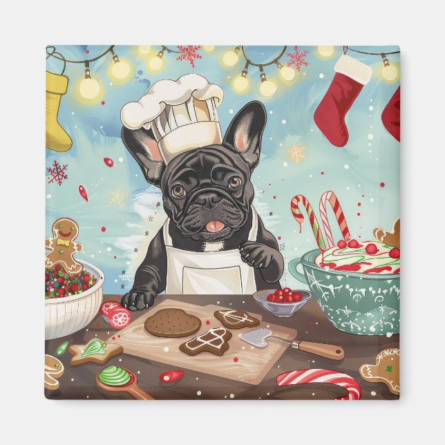 Fransk Bulldogg Julbak: Festlig Jul Magnet (Framsidan)