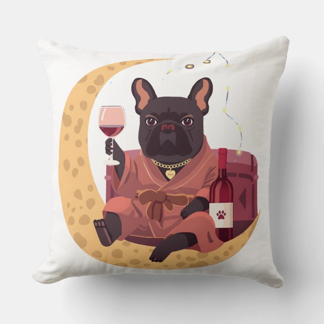 Fransk Bulldogg Mamma Vin Kväll Kudde (Framsida)