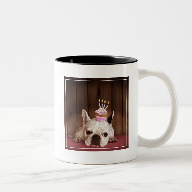 Fransk bulldogg med födelsedagmuffin Två-Tonad mugg (Höger)