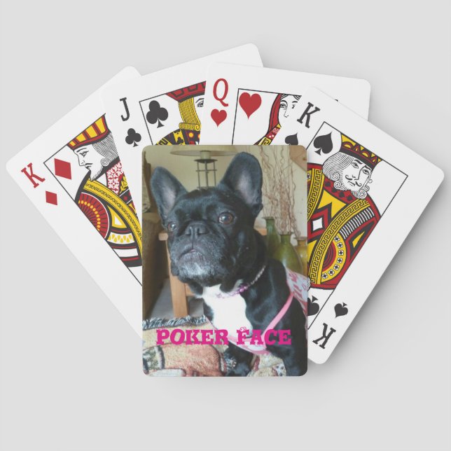 Fransk bulldogg "pokeransikte" som leker kort casinokort (Baksidan)
