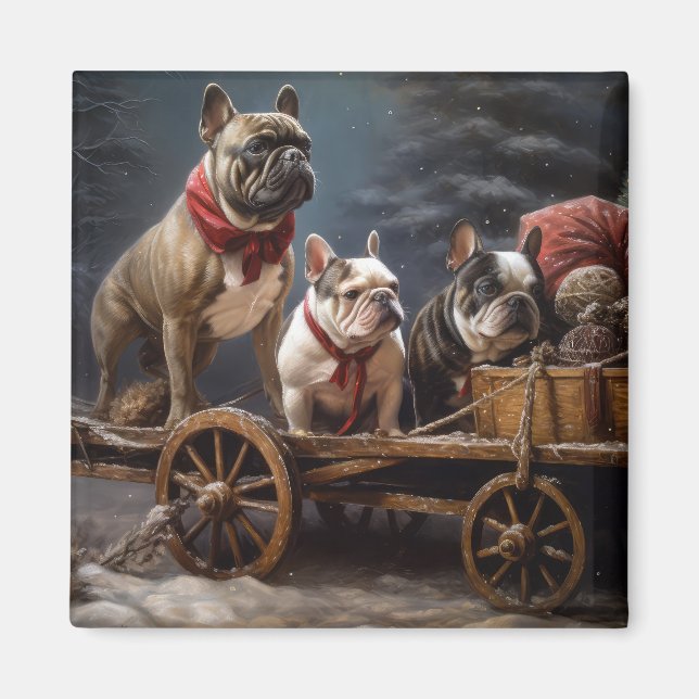 Fransk Bulldogg Snöig Släd Jul Dekoration Magnet (Framsidan)