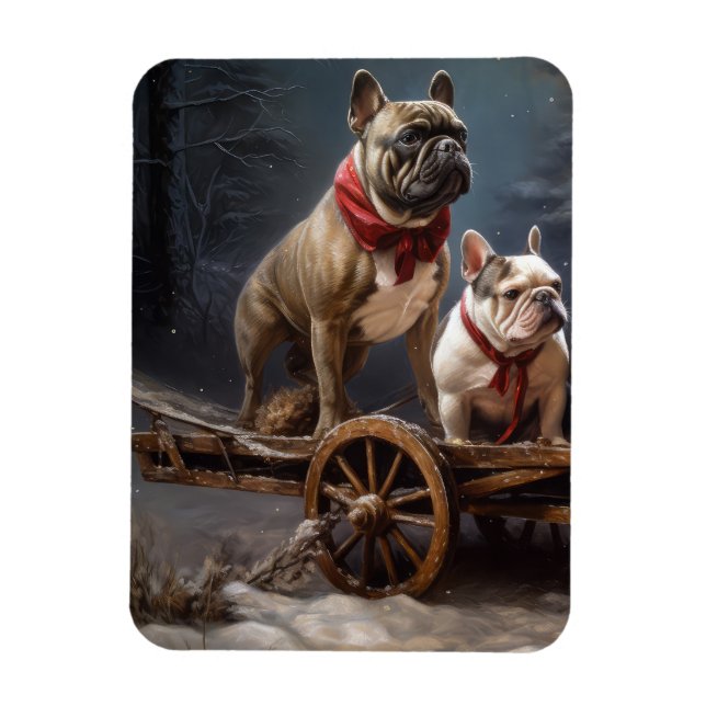 Fransk Bulldogg Snöig Släd Jul Dekoration Magnet (Vertikal)
