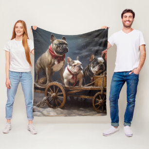 Fransk Bulldogg Snöig släde juldekoration Fleecefilt